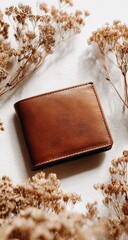 A simple leather wallet with visible stitching, centered on the white background surrounded by dried flowers, viewed from above in a flat lay composition.