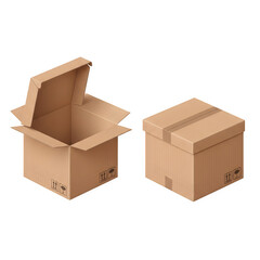 Fototapeta premium 3D realistic vector cartoon square boxes shown in both open and closed views. Isolated icon illustration set against a white background.