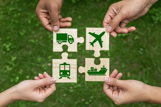 Hands assembling wooden puzzle pieces with green icons of truck plane train and ship symbolizing multimodal logistics and transportation solutions