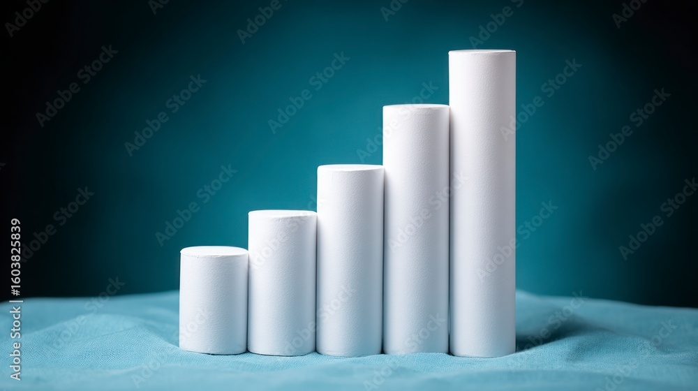 Poster white cylinders arranged in ascending height form a staircase graph against a dark teal background