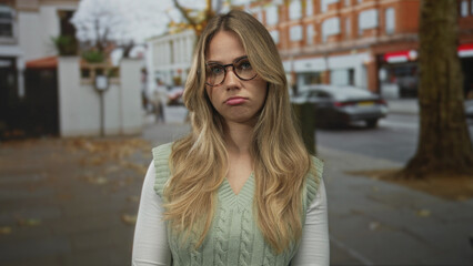 Obraz premium Blonde woman pursing lips on city street sidewalk among fallen autumn leaves; melancholy reflection.