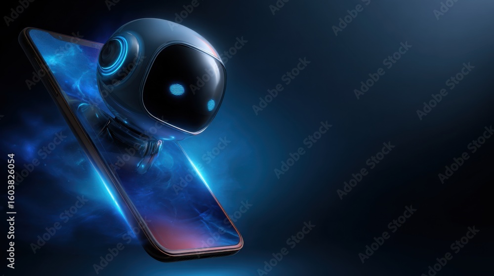 Aufkleber robotic assistant emerging from smartphone digital realm 3d art futuristic environment close-up view