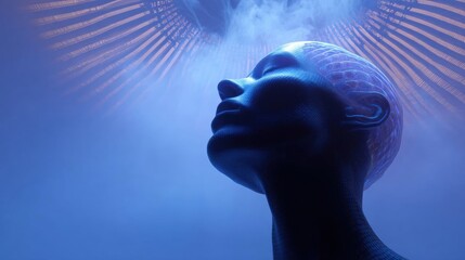 Digital art piece that appears to be a representation of a human head and neck. the head is facing towards the right side of the image, with its eyes closed and its head tilted upwards.