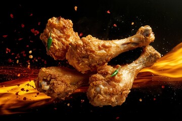 Hot chicken legs with flames and dynamic energy.