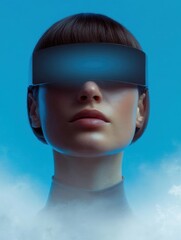 Digital illustration of a woman's face with a virtual reality headset on her head. the headset is black and covers her eyes and nose. the background is a bright blue sky with white clouds.