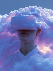Person's head and upper body, with a virtual reality (vr) headset on top of their head. the person is wearing a white shirt and is standing in front of a background of fluffy white clouds.