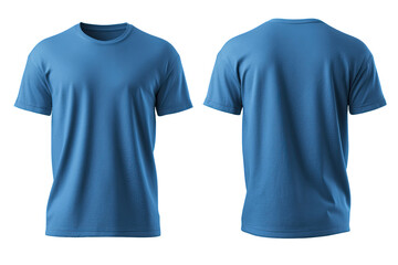 Front and back view of a plain, light blue t-shirt.  Short sleeves, crew neck.  Digital rendering