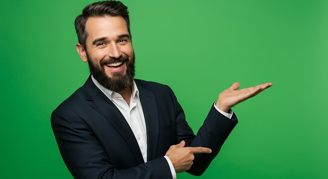 Smiling man in a suit pointing at a green screen background