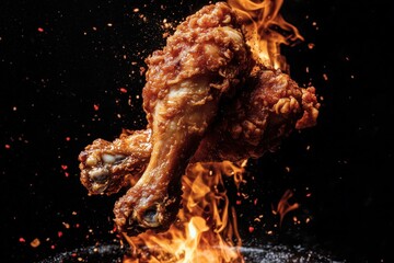 Hot chicken legs with flames and dynamic energy.