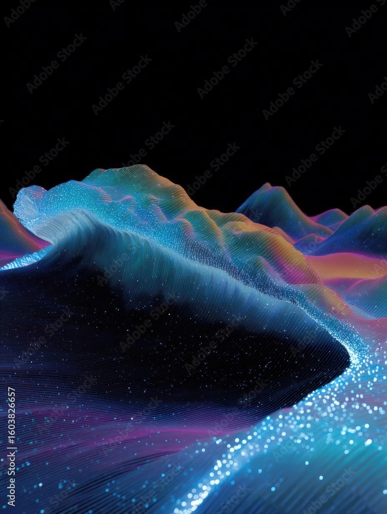 Poster abstract digital art piece that appears to be a 3d rendering of a wave or ocean. the wave is made up