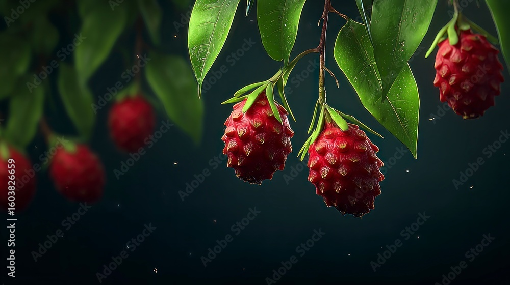 Aufkleber close up view of ripe red strawberry like fruits hanging from a leafy branch with soft bokeh backgro