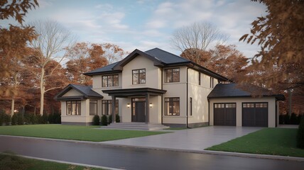 Fototapeta premium Modern Luxury House with Glass Garage and Scenic Hilltop View