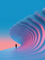 Person standing in front of a large wave-like structure. the wave is made up of multiple layers of blue and pink colors, creating a gradient effect.