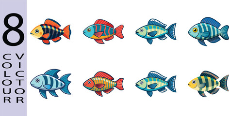 Eight Colorful Cartoon Fish; Vibrant Vector Illustration; Childrens Book, Educational, Fun