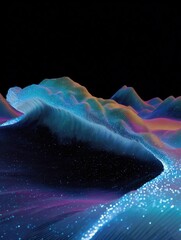 Abstract digital art piece that appears to be a 3d rendering of a wave or ocean. the wave is made up of different shades of blue, pink, and orange, creating a gradient effect.