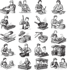 Vintage Black and White Cooking and Kitchen Activity Illustrations