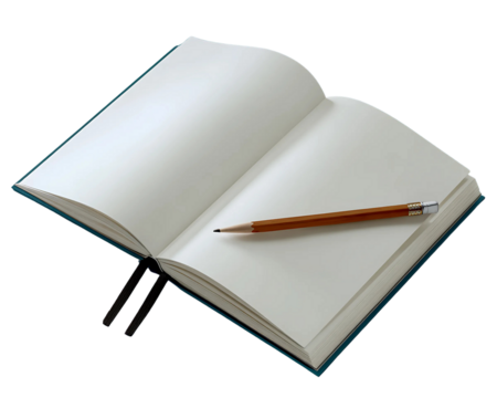 An open notebook with blank white pages and a wooden pencil resting diagonally on the right page.