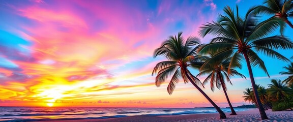 Vibrant sunset hues paint the sky above a tranquil tropical beach, palm trees swaying gently in the breeze, sky, sun