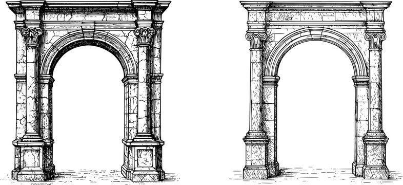 Hand-Drawn Classical Architectural Arch Sketches - Vintage Ornate Designs.