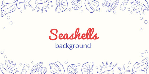 Horizontal backdrop on the coastal theme. Different seashells and bubbles are located above and below. Hand drawn italian sketch style. Blue rough ink lines.