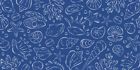 Horizontal background on the coastal theme. Various seashells and bubbles on blue backdrop. Freehand sketch pattern. Rough ink lines. Flat vector illustration. Ideal for banner, wallpaper, packaging