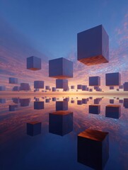 Digital illustration of a group of cubes floating in the sky. the cubes are of different sizes and shapes, and they are arranged in a way that creates a sense of depth and dimension.