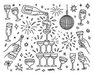Whimsical Hand Drawn Party Vector Set – Beautiful Illustrations Featuring Alcoholic Drinks, Cocktails, Glassware, Bar Accessories, and Festive Elements for Creative Event and Celebration Designs.

