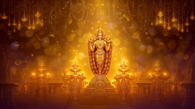 Padmanabhaswamy Utsavam banner, majestic image of Lord Vishnu in Ananta Shayana pose, temple sanctum glowing with lamps, soft gold-to-saffron gradient background