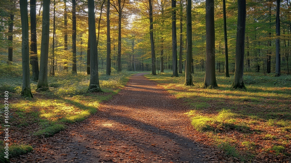 Poster pathway of serenity: an inviting forest pathway leads the viewer into the heart of a tranquil wooded