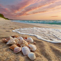 seashells on the beach, AI generative 