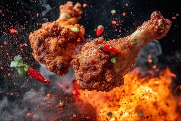 Hot chicken legs with flames and dynamic energy.