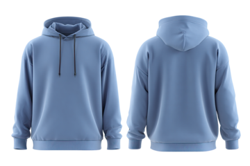 Light-blue hoodie, front and back views.  A solid, light-periwinkle-blue hoodie, presented in a product shot.  The front and back are shown, with a focus on the simple design and relaxed fit