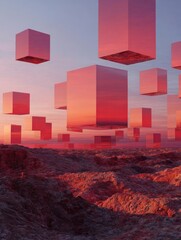 Digital art piece that appears to be a landscape photograph of a desert or rocky area. the sky is a gradient of orange and pink hues, with the sun setting in the background.