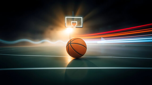 Basketball on Court with Dynamic Light Streaks and Illuminated Hoop