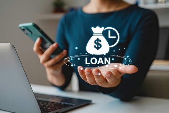 Person holding a smartphone and offering a digital loan icon with a money bag and clock symbolizing financial services and online lending