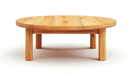 Fototapeta premium A round wooden table with four legs sitting on a white surface under bright lighting conditions