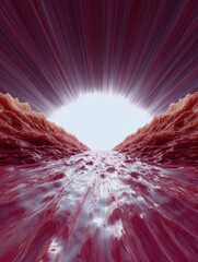Abstract digital art piece that appears to be a surreal landscape. the background is a deep red color with a gradient effect, creating a sense of depth and dimension.