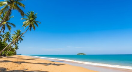 Beautiful beach scene with turquoise waters, soft golden sand, and blue skies, perfect for vacation and tropical travel concepts.