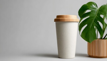 Photo of a white travel coffee cup with a wooden lid, next to an indoor plant on the right side, against a plain light gray background.