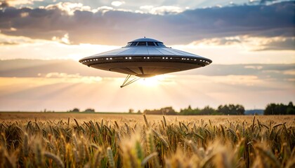 UFO over a golden field at sunset