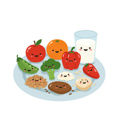 Fototapeta premium A healthy and happy meal of fruits, vegetables, grains and dairy is presented on a plate with cute kawaii character designs, perfect for children's books, healthy eating campaigns, and educational