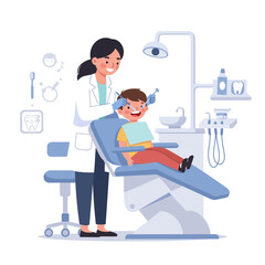 Fototapeta premium A cheerful young boy sits comfortably in a dental chair while a friendly female dentist provides a checkup, ensuring healthy teeth and a bright smile.