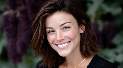 Fototapeta premium A young woman with brown hair and freckles smiles warmly outdoors with blurred purple flowers