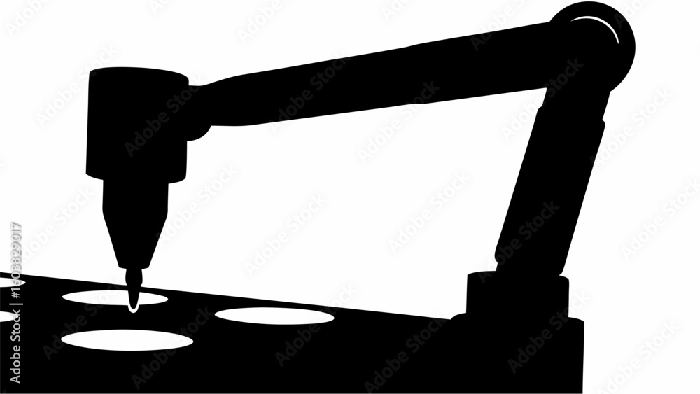Poster silhouette of robotic arm performing a task on a surface with circular indentations in a monochrome 