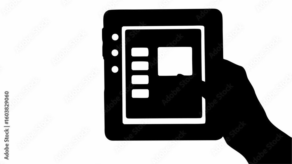 Poster silhouette of a hand holding a tablet with a menu and a square display in black and white style