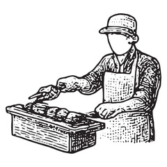 Vintage Black and White Chef Cooking on Grill Illustration