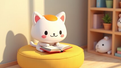 Fototapeta premium Cute Cartoon Cat Reading on a Pouf