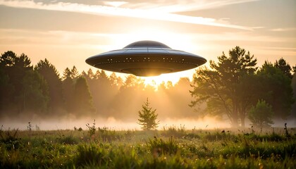UFO over a misty field at sunrise