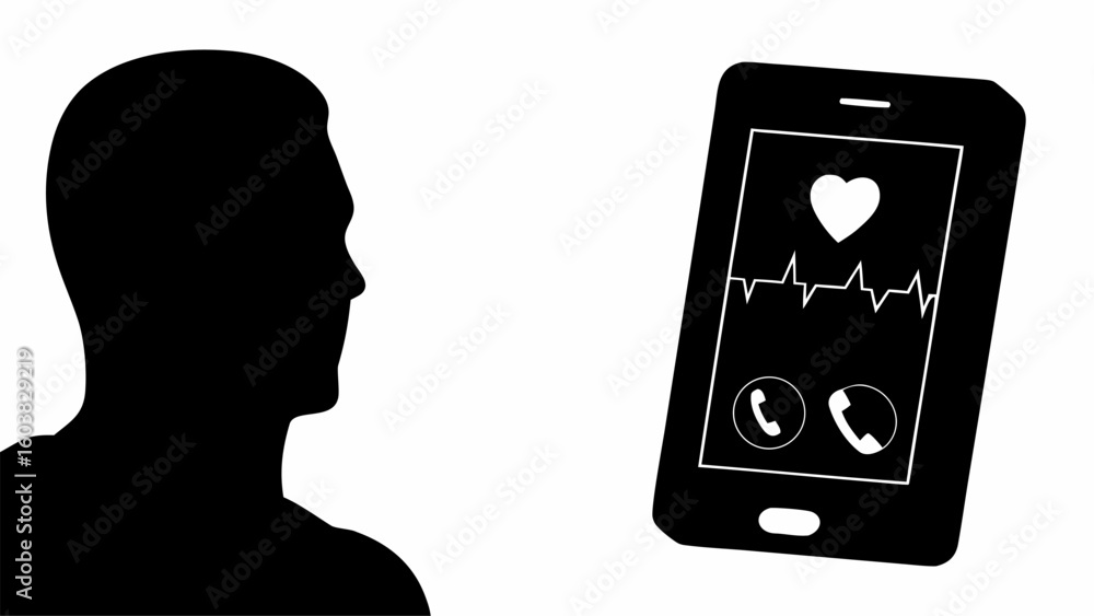 Poster silhouette of a person looking at a smartphone displaying heart rate and call icons on the screen