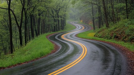 Fototapeta premium Winding Road Through Lush Forest: A mesmerizing road winds its way through a verdant forest, its surface gleaming with the afterglow of rain. The double yellow lines guide the eye along the path.